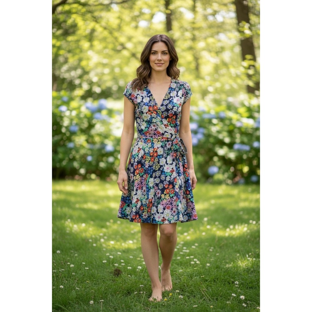 Yumi Kim Wrap Dress XS Navy Multi Silk Floral Daisy V-Neck Cap Sleeve  Spring